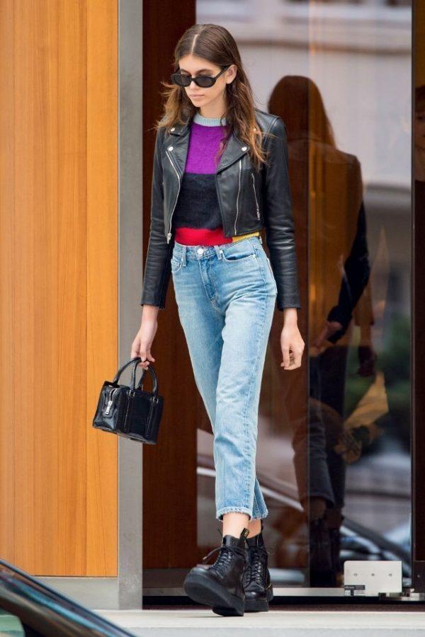 Kaia Gerber Moto Biker Slim Fit Real Black Leather Jacket Original Leather Jacket