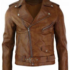Mens Slim Fit Cross Zip Tan Brown Brando Motorcycle Genuine Real Leather Jacket