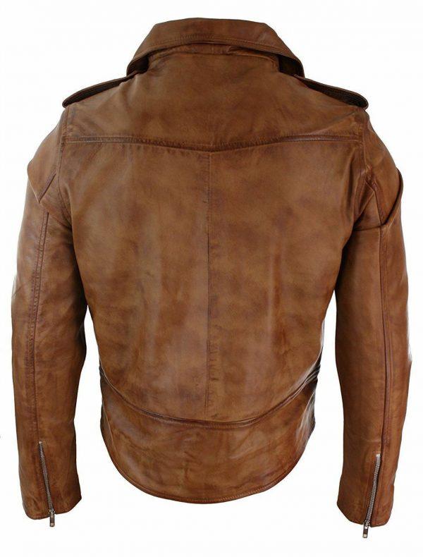 Mens Slim Fit Cross Zip Tan Brown Brando Motorcycle Genuine Real Leather JacketB