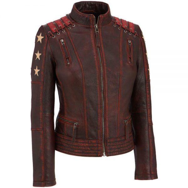 Women Distressed Stars Vintage Stripes Cafe Racer Genuine Leather Jacket