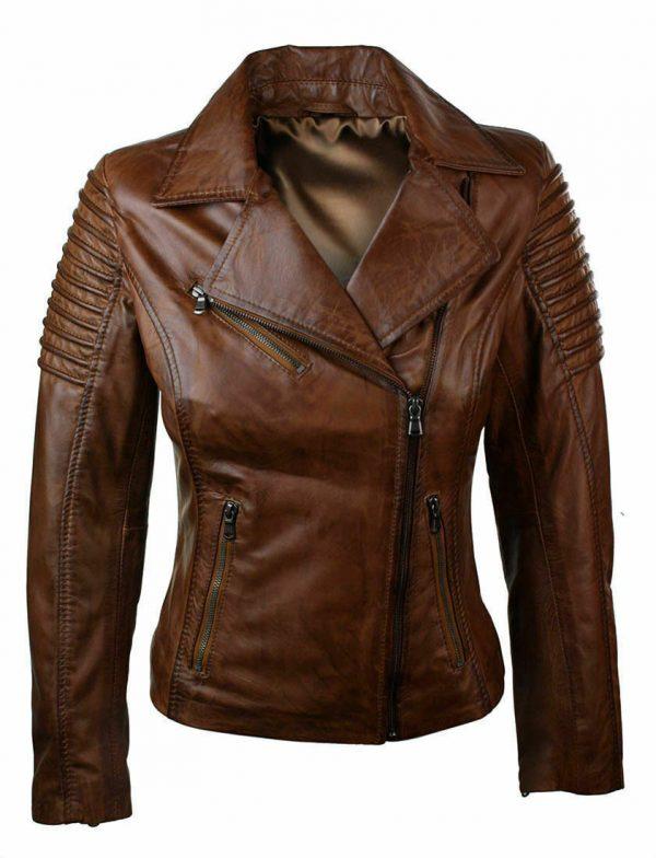 Ladies Slim Fit Biker Brown Genuine Real Leather Motorcycle Jacket