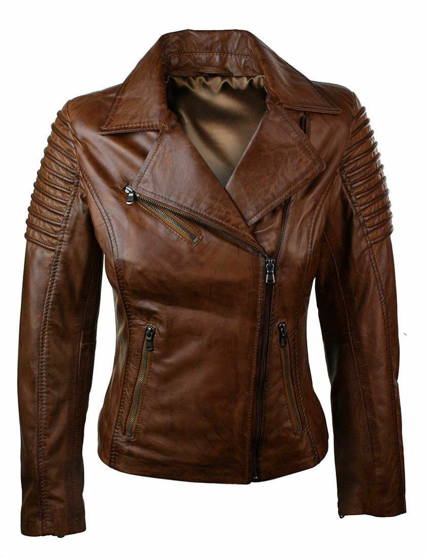 Women's Genuine Leather Motorcycle Brown Slim fit Classic Biker Jacket