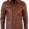 Men's Shirt Jacket Brown Real Soft Genuine Waxed Leather Shirt