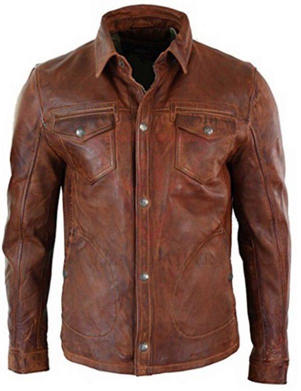 Men's Shirt Jacket Brown Real Soft Genuine Waxed Leather Shirt