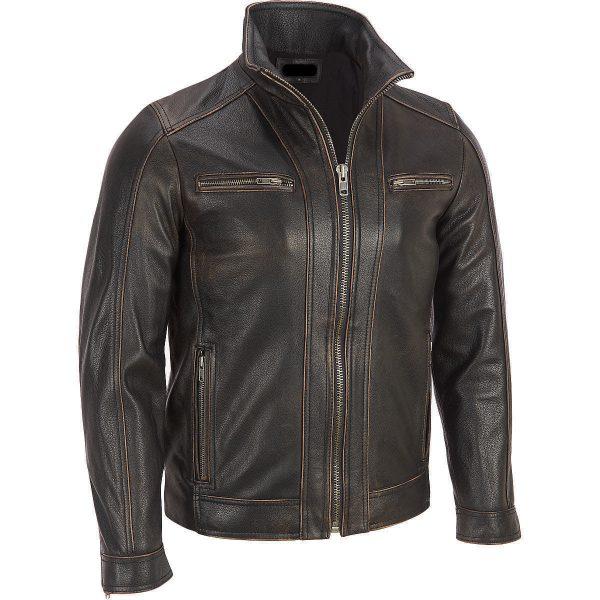 Men's BLACK Rivet Leather Faded Seam Jacket Real Leather Jacket