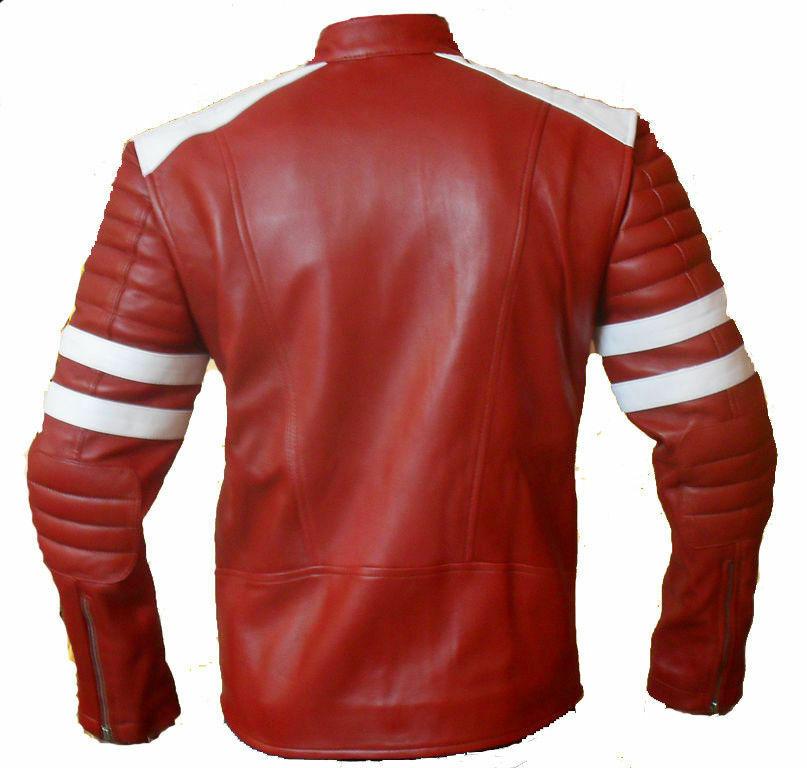 'MAYHEM' Men's Red With White Stripe Biker Style Fight Club Real Leather Jacket 
