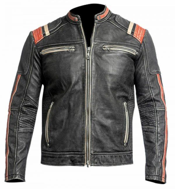 Men's Vintage Biker Retro 3 Motorcycle Cafe Racer Distressed Leather Jacket