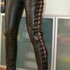 Women Slim Fit Lace Up Sexy Biker Real Sheep Black Leather Pant