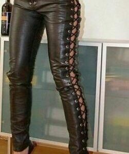 Women Slim Fit Lace Up Sexy Biker Real Sheep Black Leather Pant