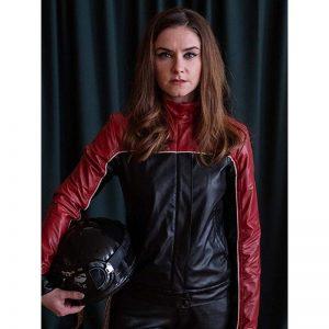 Derry Girls TV Series Judith Roddy Stylish Red Biker Black Leather Jacket