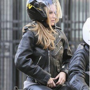 Amanda Holden Rocks Slimfit Biker Motorcycle Cafe Racer Black Leather Jacket1