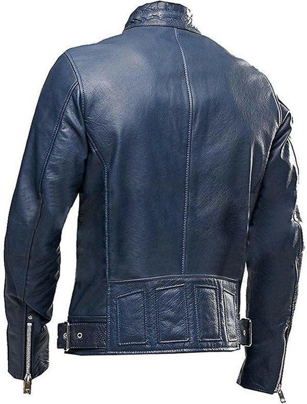 Men Vintage Distressed Cafe Racer Motorcycle Biker Blue Leather Jacket B
