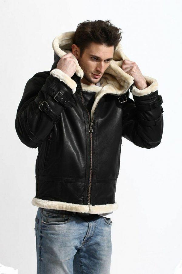 Men's B3 Bomber Full Fur Removable Hood Genuine SheepSkin Stylish Leather Jacket 1