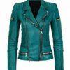 Women Slim Fit Diamond Quilted Moto Teal Leather Jacket