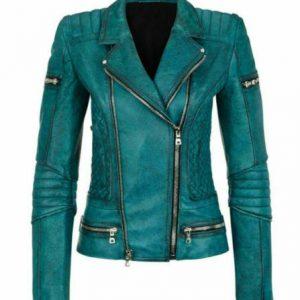 Women Slim Fit Diamond Quilted Moto Teal Leather Jacket