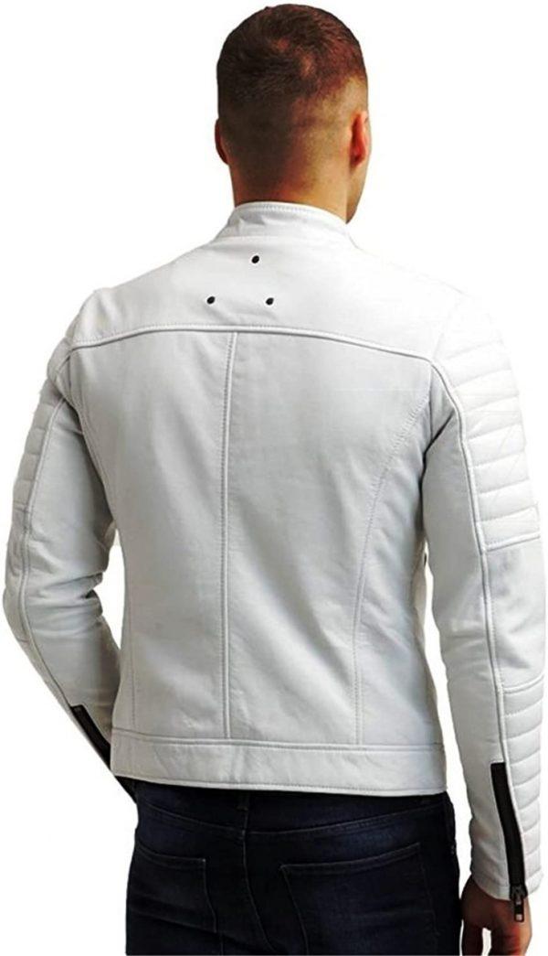Mens Biker Cafe Racer Waxed Motorcycle Vintage Genuine White Leather Jacket Back