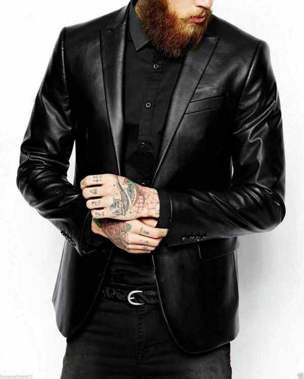 Men's Genuine Lambskin Leather Blazer Jacket Two Button Black Slim fit Coat