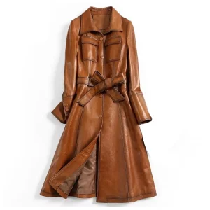 Italian style overcoat Real leather trench sashes Belt Wax Tan Long Leather Coat