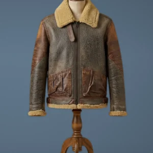 Mens B3 Bomber Aviator Pilot Flight RAF Real Sheepskin Shearling Distressed Leather Jacket, front view