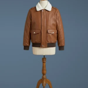 Men’s B3 Bomber Aviator A2 Pilot Police Sheepskin Fur Collar Brown Leather Jacket, front view