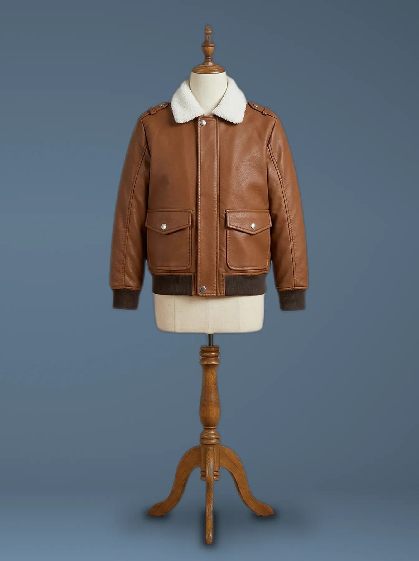 fur collar brown leather jacket front view