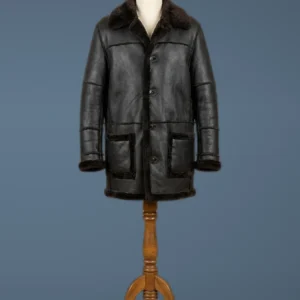 Men’s B3 Bomber Aviator WWII Pilot Police Sheepskin Black Leather Jacket Coat, front view