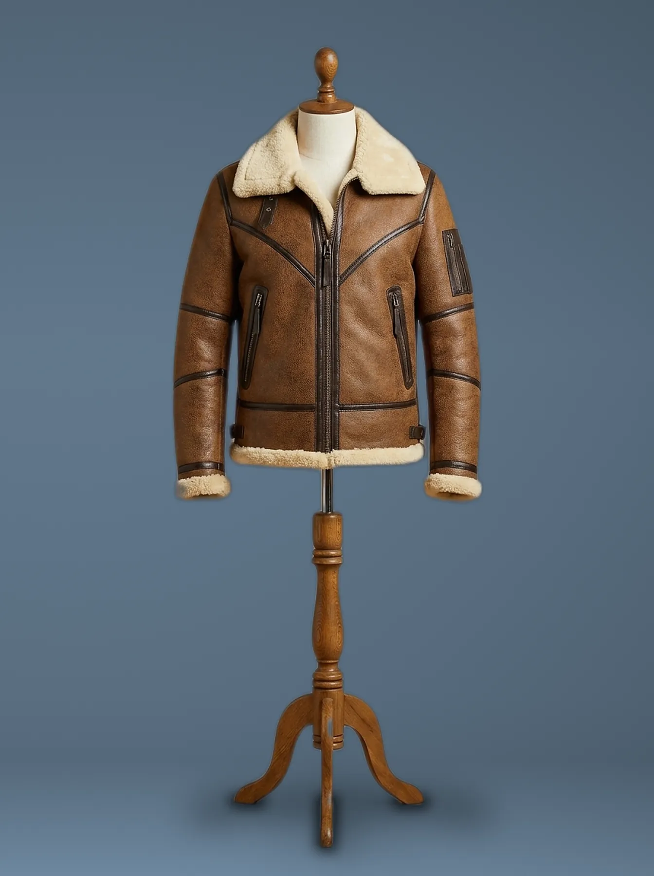 Men’s Bomber Pilot Aviator RAF Real Sheepskin Shearling Brown Leather Jacket1, front view