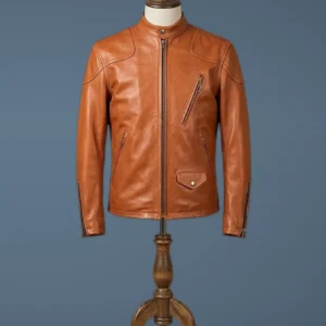 Men’s Motorcycle Real Leather Biker Vintage Slim Fit Cafe Racer Tan Jacket, front view