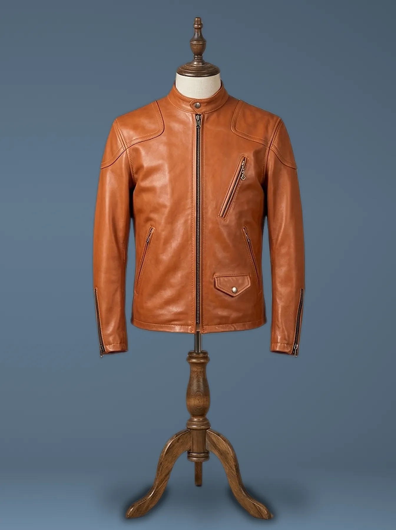fit cafe racer tan jacket front view