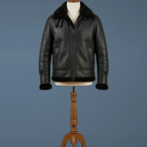 Men’s Aviator B6 Sheepskin Fur Shearling Bomber Black Leather Jacket 1, front view