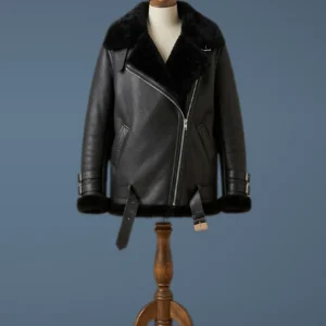 Ana De Armas Oversized Real Sheepskin Shearling Biker Black Leather Jacket, front view