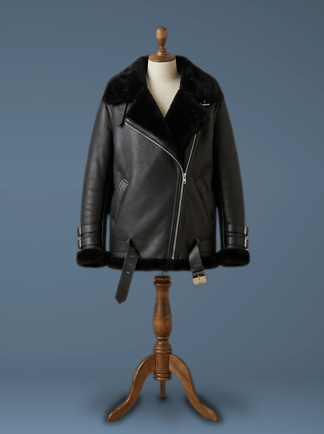 Ana De Armas Oversized Real Sheepskin Shearling Biker Black Leather Jacket, front view