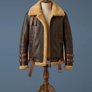 B3 Bomber Aviator RAF Real Sheep Skin Pilot Flying Double Collar Leather Jacket, front view