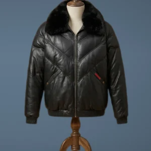 Black Leather V-Bomber Jacket with Black Fox Fur Lambskin leather Puffer Jacket, front view