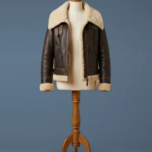 Cara Delevingne Women’s B3 Bomber Pilot RAF Aviator Sheepskin Shearling Dark Brown Leather Jacket, front view