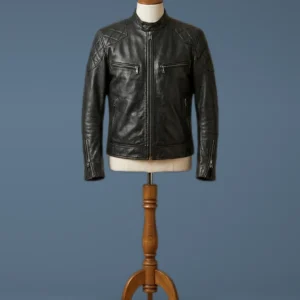 David Beckham Biker Cafe Racer Diamond Black Leather Jacket, front view