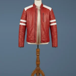 Fight Club Mayhem Tyler Durden Brad Pitt Red & White Stripes Men’s Leather Jacket, front view