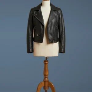 God Friended Me Violett Beane Cafe Racer Biker Black Leather Jacket, front view