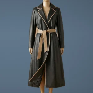 Italian Overcoat Real Leather Trench Sashes Belt Wax Black Long Coat, front view