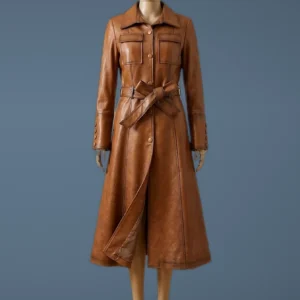 Italian Overcoat Real Leather Trench Sashes Belt Wax Tan Long Coat, front view
