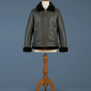 Kid B3 Bomber Unisex Real Sheepskin Shearling Pilot Black Leather Jacket, front view