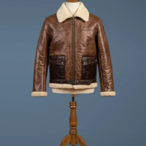 Kid B3 Bomber Unisex Real Sheepskin Shearling Pilot Brown Leather Jacket, front view