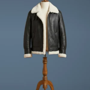 Kim Kardashian Aviator Pilot Real Sheepskin Shearling Black Leather Jacket, front view