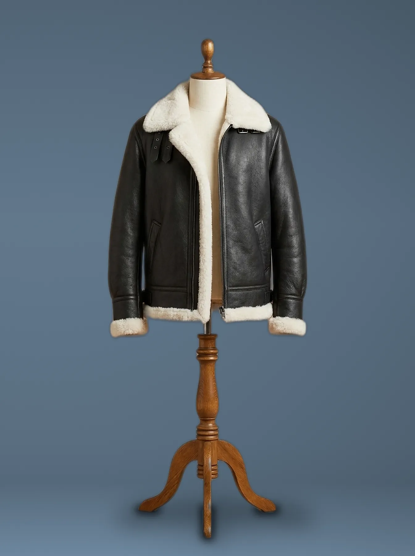 kim kardashian aviator pilot real sheepskin shearling black leather jacket front view