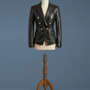 Kim Kardashian Double Breasted Black Leather Jacket Blazer, front view