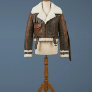 Kourtney Kardashian Women’s B3 Cropped Real Sheepskin Shearling Brown Leather Jacket, front view