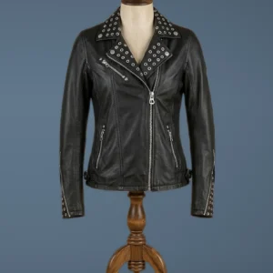 Ladies Biker Studded Cafe Racer Slimfit Casual Street Style Black Leather Jacket, front view