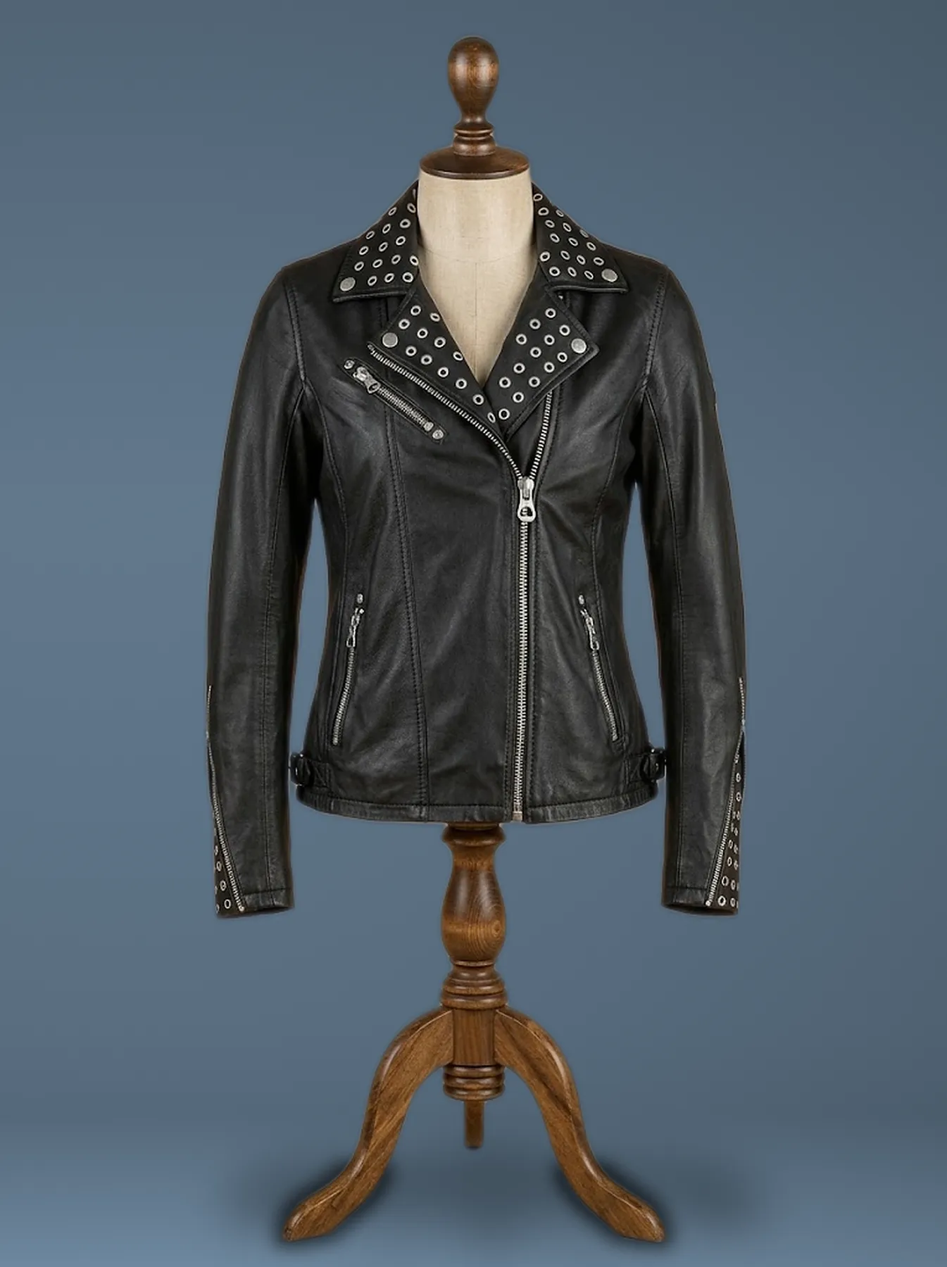 street style black leather jacket front view