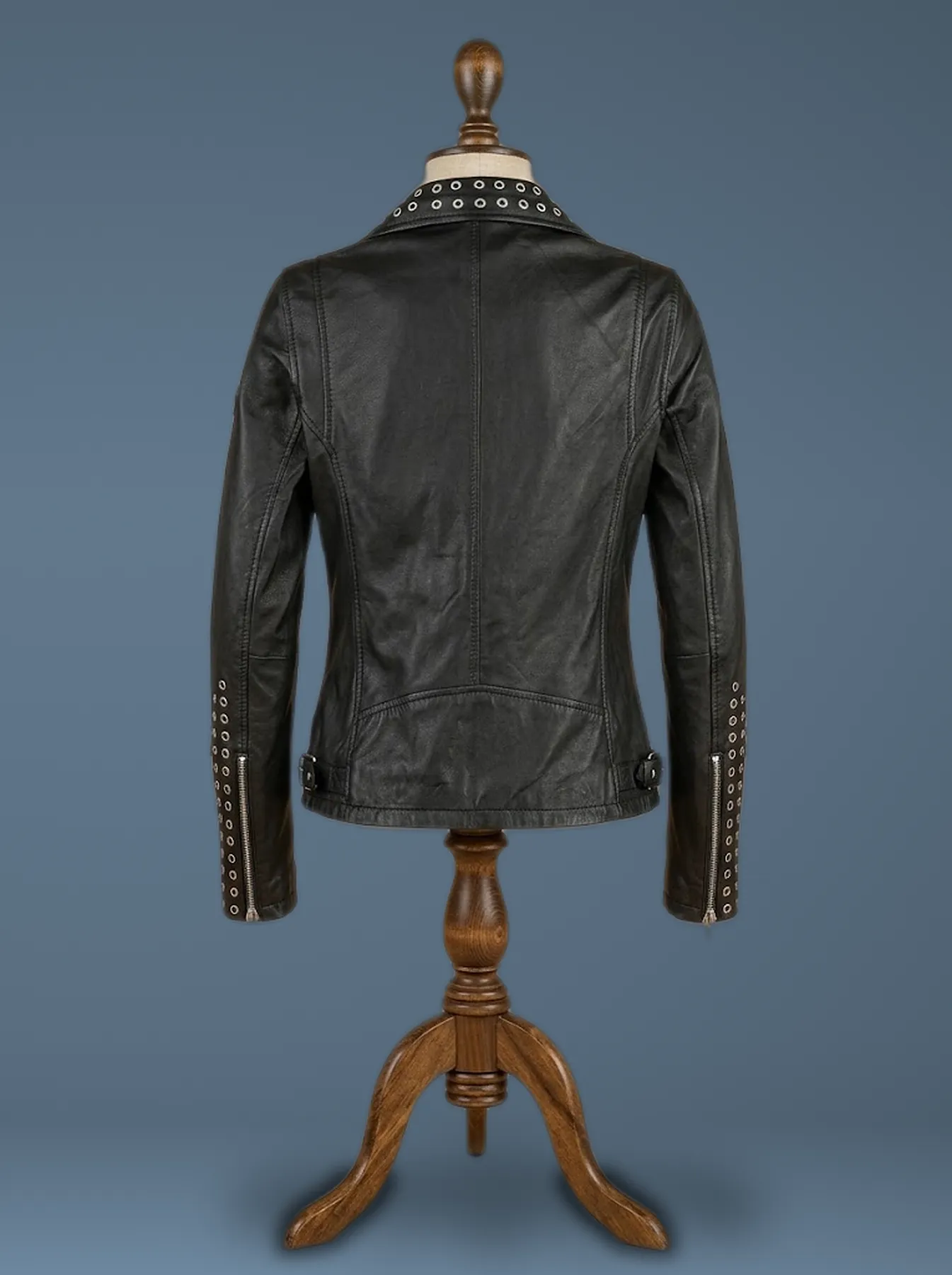 street style black leather jacket back view
