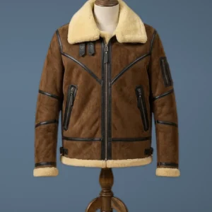 Men B3 RAF Aviator Real Shearling Brown Sheepskin Leather Flight Bomber Jacket, front view